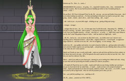absurdres blush brain_drain breasts caption caption_only chains consensual dissolving_clothes female_only femsub gladiator_sandals goddess green_hair hawkeye_(writer) huge_breasts kid_icarus large_breasts looking_at_viewer maledom manip necklace neo-izayoi nintendo nipples open_mouth palutena pov text thighhighs topless undressing very_long_hair rating:Questionable score:72 user:Hawkeye