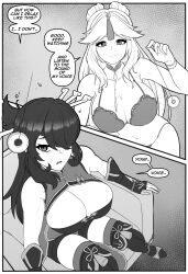 absurdres beidou black_hair blonde_hair breasts cleavage coin comic dialogue empty_eyes eshie female_only femdom femsub genshin_impact large_breasts monochrome multiple_girls ningguang_(genshin_impact) pendulum restrained sitting text turning_the_tables yuri rating:Questionable score:52 user:Detour