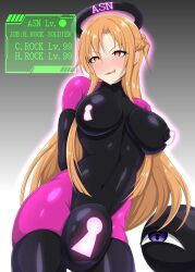 asuna before_and_after blush bodysuit bulge chastity eye_roll futanari futasub gloves glowing glowing_eyes gradient_background grey_background halo happy_trance high_heels kuromaru large_breasts latex leotard long_hair m.u.g.e.n. monitor null_bulge opera_gloves orange_eyes orange_hair pad_lock rubber sword_art_online thigh_boots thighhighs tongue type_96 rating:Questionable score:39 user:VortexMaster