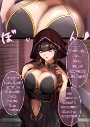 breasts brown_hair card charm_(spell) cleavage dialogue female_only femdom hard_translated heart hypnotic_breasts large_breasts mind_break nail_polish navel nisemono pink_eyes pov_sub robe seductive_smile text translated rating:Safe score:36 user:Bezerker