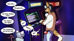 arcade_game bulge caine_latrans cainelatrans coyote_boy dialogue dog_boy erection erection_under_clothes fangs furry gradient_text hypnotic_screen jock male_only maledom malesub mouse_boy open_clothes open_mouth original standing text underwear video_game rating:Explicit score:19 user:Hypnorgasm