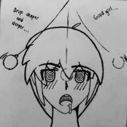 absurdres ahoge blush dazed drool eyebrows_visible_through_hair female_only femsub greyscale lyly original pendulum pocket_watch short_hair simple_background solo spiral_eyes symbol_in_eyes text traditional rating:safe score: user:lytre♡