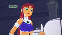 aware clothed dc_comics dialogue dogdog english_text female_only floating green_eyes red_hair solo starfire text rating:Safe score:1 user:Bootyhunter69