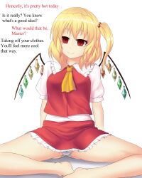 absurdres blonde_hair drool empty_eyes flandre_scarlet myuk open_mouth red_eyes side_ponytail text touhou vampire wings rating:Questionable score:33 user:Myuk