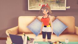 aware blue_eyes brown_hair clothed couch dialogue english_text female_only may mustardsauce pillow pokemon pokemon_(anime) solo text rating:Safe score:0 user:Bootyhunter69