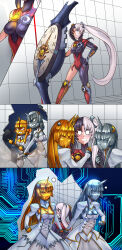 absurdres black_hair blonde_hair bodysuit breasts cleavage comic dress female_only femdom femsub gloves happy_trance horns ibenz009 large_breasts long_hair multicolored_hair opera_gloves original robot silver_hair text twintails wedding_dress white_hair rating:Questionable score:31 user:sk00