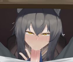animal_ears arknights blowjob_face blush censored eroborne fellatio femsub fingerless_gloves gloves grey_hair heart heart_eyes looking_at_viewer male_pov maledom oral penis pov pov_dom symbol_in_eyes table texas_(arknights) under_table v yellow_eyes rating:Explicit score:20 user:JustChilling