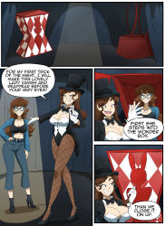 breasts brown_hair comic female_only glasses gloves kobi94 large_breasts long_hair magician multiple_girls speech_bubble text top_hat rating:Safe score:94 user:MisterMan4