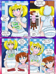 apron blonde_hair blue_eyes blush bonnet brown_hair comic dialogue diaper kiddom kobi94 open_mouth original short_hair sisters surprised text trigger turning_the_tables twintails rating:Questionable score:18 user:godofwar99