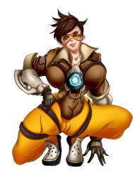 abs absurdres bimbofication breasts brown_hair cameltoe female_only femsub goggles happy_trance huge_breasts mamimi overwatch short_hair solo spread_legs squatting tech_control tracer rating:Questionable score:35 user:Grim