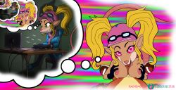  altered_perception blonde_hair breasts crash_bandicoot_(series) dachimotsu fellatio femsub furry goggles_on_head green_eyes heart heart_eyes large_breasts long_hair opossum_girl paizuri pasadena_opossum penis symbol_in_eyes tongue topless twintails unaware  rating:explicit score: user:dachimotsu