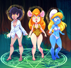 absurdres alternate_costume barefoot black_hair blonde_hair blue_skin breasts chip_n_dale_rescue_rangers crossover crysta disney elf_ears empty_eyes erohd fairy female_only femsub ferngully_the_last_rain_forest furry gadget_hackwrench hypnotic_accessory large_breasts leopard_print lingerie long_hair magic magic_circle minigirl mouse_girl multiple_girls multiple_subs one-piece_swimsuit smurfette swimsuit the_smurfs underwear yellow_eyes rating:Questionable score:181 user:daveyboysmith9