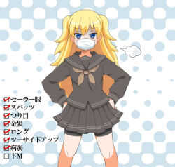 bike_shorts blonde_hair blue_eyes caspi character_request female_only hand_on_hip long_hair school_uniform skirt solo text translated rating:safe score: user:hypno