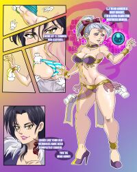 black_hair breasts comic earrings empty_eyes female_only femdom femsub harem_outfit hypnotic_eyes jericho merlin_(the_seven_deadly_sins) open_mouth ponytail purple_hair schlumper sexuality_change spiral_background text the_seven_deadly_sins undressing rating:Explicit score:52 user:Schlumper_