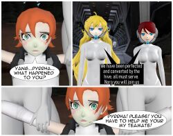 3d absurdres collar comic female_only femsub graybot nora_valkyrie ponytail pyrrha_nikos red_hair rwby tech_control tepmarmy text yang_xiao_long rating:Questionable score:9 user:YuriLover2