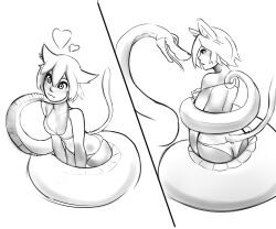 absurdres animal_ears bikini blush cat_girl coils dirus_(hypnobazaar) femsub greyscale happy_trance hypnobazaar hypnotic_eyes kaa_eyes original short_hair snake undressing vexina_(hypnobazaar) rating:questionable score: user:ljphil