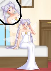 bare_shoulders bed bluebullpen breasts cleavage dress earrings femsub jewelry long_hair milf purple_eyes queen queen_serenity sailor_moon_(series) silver_hair twintails very_long_hair rating:Questionable score:41 user:daveyboysmith9