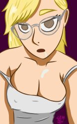 aurora_(jabberwocky) blonde_hair breasts cleavage collarbone dazed drool empty_eyes femsub glasses large_breasts offlineapril open_mouth original tank_top rating:questionable score: user:jabberwocky