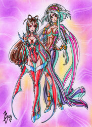 absurdres ah_my_goddess belldandy boots breasts brown_hair cleavage corruption dark_skin demon evil_smile femdom femsub high_heels hild kyo-domesticfucker large_breasts long_hair milf multiple_girls purple_eyes red_eyes smile traditional white_hair rating:Questionable score:37 user:daveyboysmith9