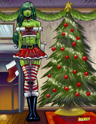 abs arms_behind_back bell_collar breasts christmas collar empty_eyes expressionless female_only femsub green_eyes green_hair hypnotic_accessory large_breasts legs long_hair marvel_comics midriff miniskirt muscle_girl she-hulk shono short_skirt solo standing standing_at_attention super_hero thighhighs rating:Questionable score:70 user:hypno