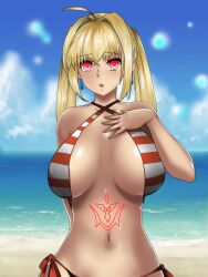 a_string beach bikini blonde_hair breasts cleavage clothed_exposure earrings fate/extra fate_(series) femsub jewelry large_breasts long_hair micro_bikini midriff saber_extra tattoo twintails rating:Questionable score:49 user:TheGoodShank