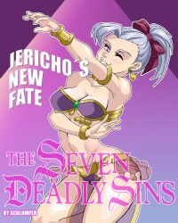 breasts comic cover curvy earrings female_only femsub harem_outfit hypnotic_eyes jericho pale_skin ponytail purple_hair schlumper smile text the_seven_deadly_sins rating:Explicit score:33 user:Schlumper_