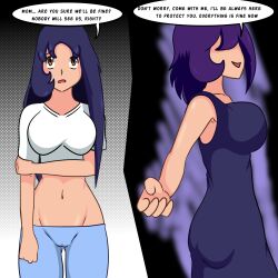 age_regression blue_hair breasts idpet leggings milf mother_and_daughter navel original purple_hair rena_(niceguy) tagme text xiana_(niceguy) rating:Questionable score:11 user:IDPet
