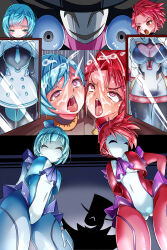 absurdres blue_eyes blue_hair bodysuit chibotakun cleavage clown_girl corruption dronification glowing_eyes hat hypnotic_phantom_(otomazer) mask mazer_cyan mazer_rosso open_mouth otomazer red_eyes red_hair restrained ribbon short_hair slime thighs tie tight_clothing tights rating:Safe score:25 user:MesMerZ