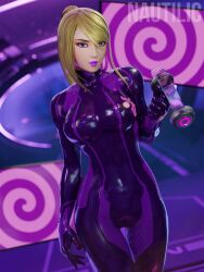 3d absurdres alternate_color_scheme blonde_hair bodysuit breasts cameltoe earrings eyelashes eyeshadow female_only glowing glowing_eyes headphones hypnotic_screen lipstick long_hair looking_at_viewer makeup metroid_(series) mole nautilic nintendo open_mouth pink_eyes ponytail purple_eyes purple_lipstick samus_aran signature smile solo spiral standing tech_control thigh_gap thighs zero_suit rating:Questionable score:73 user:VortexMaster