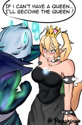 bare_shoulders blonde_hair bowser bowsette bracelet breasts cleavage corruption crossover crystal dress elf_ears english_text femsub genderswap glowing horns jewelry league_of_legends maledom new_super_mario_bros._u_deluxe nintendo papuruum royalty ruination super_crown super_mario_bros. tail text viego_(league_of_legends) white_background white_hair rating:Safe score:16 user:AngryMan