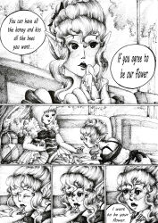 absurdres bee_girl blush breasts bug_girl comic dazed elf elf_ears female_only honey justsketchingviolets large_breasts open_mouth original short_hair smile text traditional rating:Questionable score:9 user:JustSketchingViolets