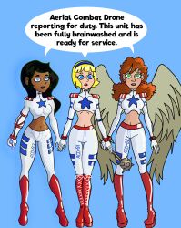 avabluecat black_hair blonde_hair blue_eyes breasts dark_skin dc_comics dialogue femsub freckles green_eyes hair_band hawkgirl jessica_cruz latex long_hair midriff multiple_girls multiple_subs open_mouth ring short_hair simple_background super_hero supergirl text twintails weapon wings rating:Questionable score:55 user:avabluecat