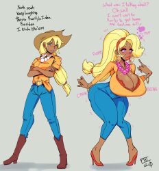 absurdres applejack ass_expansion before_and_after bimbofication bimbophi breast_expansion breasts cleavage cowgirl dark_skin dialogue equestria_girls femsub hat high_heels huge_breasts jeans large_lips lip_expansion long_hair my_little_pony pink_eyes puckered_lips text rating:Questionable score:182 user:Argonis