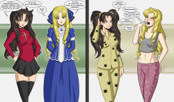 before_and_after blonde_hair blue_eyes brown_eyes brown_hair cozification cross dialogue empty_eyes fate/hollow_ataraxia fate_(series) female_only femsub long_hair luviagelita_edelfelt magic multiple_girls multiple_subs open_mouth pajamas polmanning rin_tohsaka skirt sleepy text thighhighs twintails rating:Safe score:96 user:SexyHex