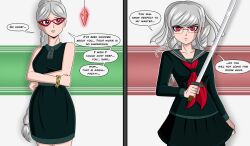before_and_after corruption dangan_ronpa female_only femsub glasses grey_hair peko_pekoyama polmanning red_eyes school_uniform sword text weapon rating:Questionable score:68 user:PolManning