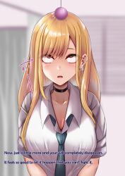 amagiri_miki blonde_hair blush breasts choker cleavage collarbone drool earrings empty_eyes expressionless eye_roll femsub hard_translated large_breasts long_hair maledom marin_kitagawa my_dress-up_darling open_mouth pendulum red_eyes school_uniform text tie tongue translated rating:Safe score:35 user:roseateheart