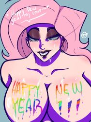 black_lipstick breasts cleavage cum cum_on_body cum_on_breasts cum_on_face equestria_girls femsub fluttershy goth loskos my_little_pony new_years pink_hair rarity ring_eyes text rating:Explicit score:61 user:whoa