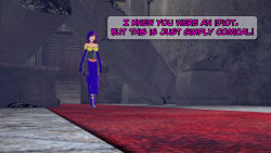 aware boots circe clothed dc_comics dialogue dogdog english_text female_only purple_hair solo text white_eyes whitewash_eyes rating:Safe score:0 user:Bootyhunter69
