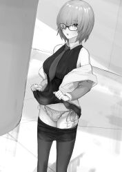 absurdres empty_eyes fate/grand_order fate_(series) femsub glasses greyscale mashu_kyrielight mayonaka monochrome short_hair skirt skirt_lift text translation_request rating:Questionable score:14 user:Mattlau04
