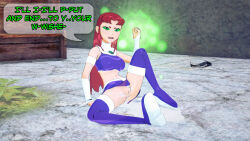 angry aware bottomless clothed cum dc_comics dialogue dogdog drool english_text female_only green_eyes nude pussy red_hair solo starfire text rating:Explicit score:2 user:Bootyhunter69