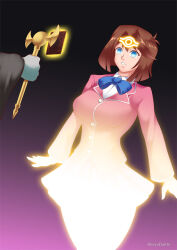 blue_eyes bow breasts brown_hair empty_eyes expressionless glowing gradient_background hadant large_breasts magic school_uniform short_hair short_skirt signature simple_background skirt tea_gardner transformation watermark yu-gi-oh! rating:Questionable score:17 user:TheGoodShank
