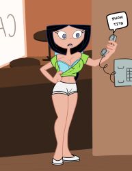 absurdres bare_legs bare_shoulders black_hair blue_eyes bra cleavage crop_top dialogue disney erect_nipples erect_nipples_under_clothes expressionless female_only femsub huge_breasts isabella_garcia-shapiro legs leneeh long_hair midriff navel open_mouth phineas_and_ferb phone ponytail shirt_pull short_shorts shorts solo spiral standing text trigger undressing undressing_command waitress rating:Questionable score:37 user:JustChilling