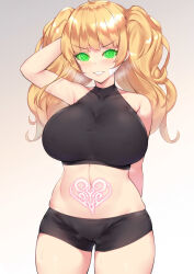 blonde_hair blush breasts female_only femsub glowing glowing_eyes granblue_fantasy gym_uniform happy_trance huge_breasts hypnotic_tattoo kuavera large_hips long_hair looking_at_viewer manip misterman4_(manipper) monika_weisswind smile spiral_eyes sweat symbol_in_eyes tattoo twintails rating:questionable score: user:misterman4