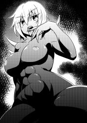 abs breasts cerbera_(hdoom) cleavage demon_girl doom_(series) erect_nipples female_only femsub greyscale hdoom ken_tatsuki large_breasts monster_girl muscle_girl tongue tongue_out rating:Questionable score:5 user:sk00
