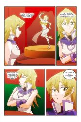 absurdres alexis_rhodes android_18 arm_bands blonde_hair bracers breasts brown_eyes cleavage closed_eyes comic crossover dancing dragon_ball dragon_ball_z earrings femsub grey_skin harem_outfit high_heels jewelry large_breasts long_hair multiple_girls short_hair text unaware wadevezecha yu-gi-oh! yu-gi-oh!_gx rating:Questionable score:76 user:daveyboysmith9