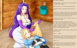blonde_hair breasts breath_of_the_wild caption caption_only chains clothed collar dress elf_ears female_only femdom femsub gloves happy_trance hawkeye_(writer) head_in_lap large_breasts leash leggings long_hair manip morris1611 nintendo opera_gloves original princess princess_zelda purple_hair queen queen_lindabelle_(hawkeye) royalty text the_legend_of_zelda twintails very_long_hair yellow_eyes rating:Questionable score:115 user:Hawkeye