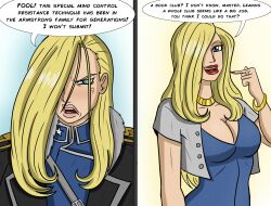 angry before_and_after blonde_hair blush breasts cleavage denial domestication dress female_only femsub fullmetal_alchemist hair_covering_one_eye happy_trance housewife long_hair necklace olivier_mira_armstrong polmanning stepfordization text western rating:Questionable score:91 user:PolManning
