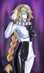 blonde_hair braid cameltoe clown fate/apocrypha fate/grand_order fate_(series) hair_ornament hair_ribbon jeanne_d'arc_(fate) mask ribimura simple_background standing_at_attention very_long_hair rating:Questionable score:25 user:SaltyGacha