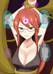 arms_above_head bondage breasts brown_eyes cleavage dialogue female_only femsub glasses hard_translated large_breasts lorelei na_shacho nintendo pendulum pokemon pokemon_(creature) pokemon_firered_and_leafgreen red_hair resisting text translated rating:Questionable score:22 user:Zyfire