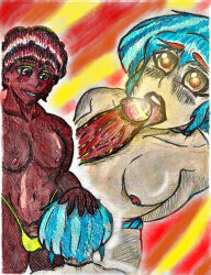 absurdres androgynous black_lipstick blue_hair breasts choker dark_skin fellatio femsub glowing glowing_cock glowing_eyes hand_on_head happy_trance kneeling large_breasts lipstick original penis roseworks thong topless trap rating:explicit score: user:roseworks